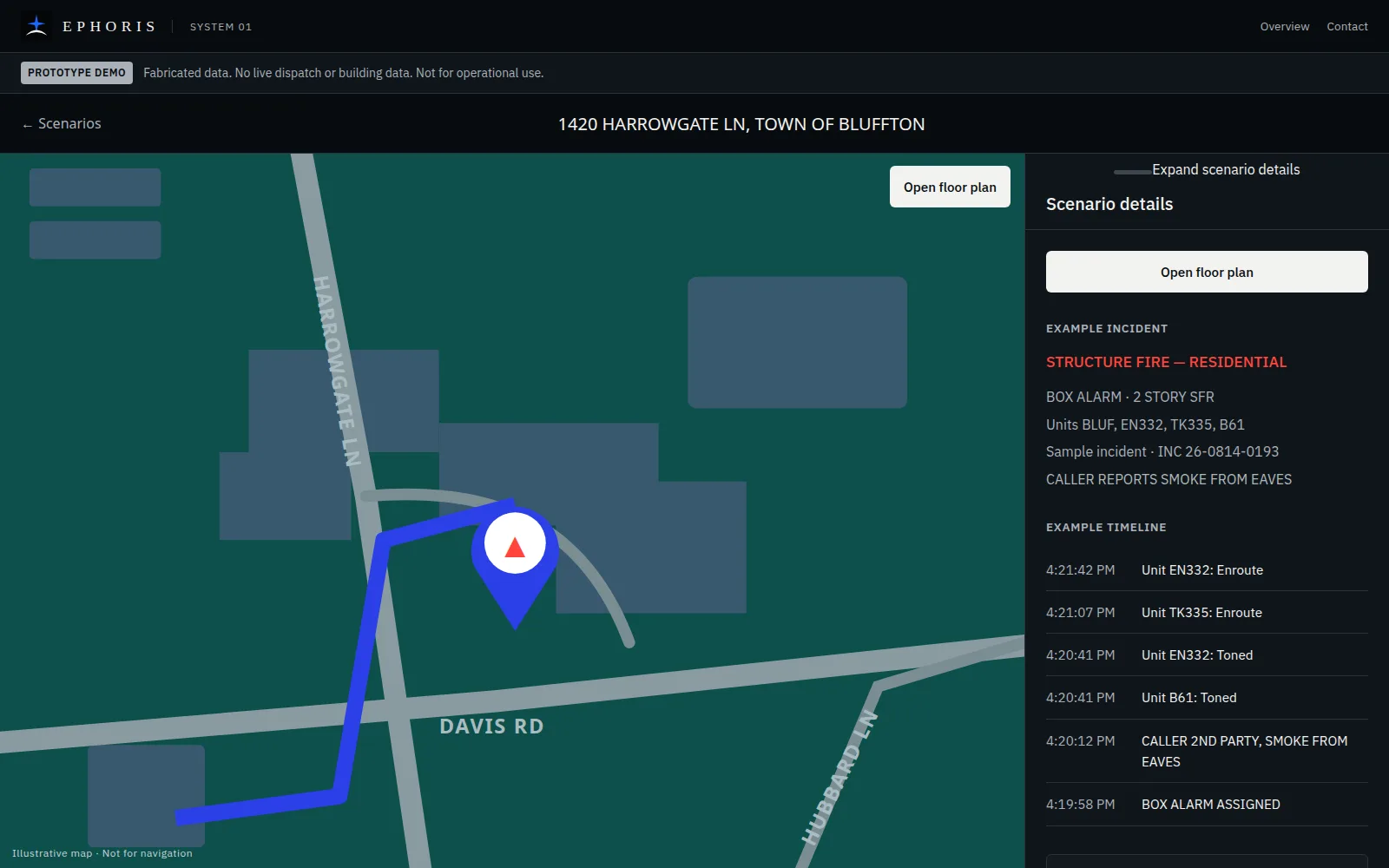System 01 scenario view showing an illustrative map route to a sample address beside an example incident timeline.